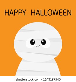 Happy Halloween. Mummy monster. Cute cartoon funny spooky baby character. Mum head face. Greeting card. Flat design. Orange background. Isolated. Vector illustration