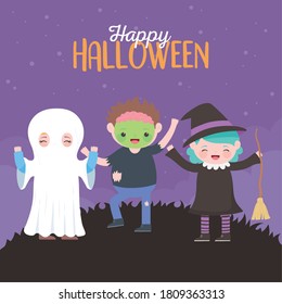happy halloween, mummy witch zombie kids costume character, trick or treat party celebration vector illustration