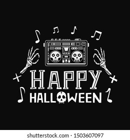 Happy Halloween with music skull boombox. Black background. Vector illustration.