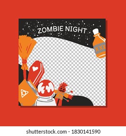 Happy Halloween mysterious party promo sale social media banner template with magic elements. broom, poison bottle, coffin, book, voodoo doll. Poster, banner, special offer with transparent part