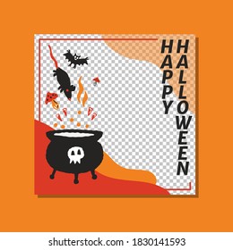 Happy Halloween mysterious party promo sale social media banner template with magic elements. cauldron with potion, poisonous mushroom, rat, bat. Poster, banner, special offer with transparent part
