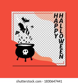 Happy Halloween mysterious party promo sale social media banner template with magic elements. cauldron with potion, poisonous mushroom, rat, bat. Poster, banner, special offer with transparent part