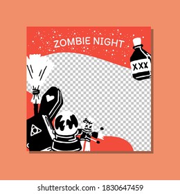 Happy Halloween mysterious party promo sale social media banner template with magic elements. broom, poison bottle, coffin, book, voodoo doll. Poster, banner, special offer with transparent part