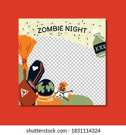 Happy Halloween mysterious party promo sale social media banner template with magic elements. broom, poison bottle, coffin, book, voodoo doll. Poster, banner, special offer with transparent part