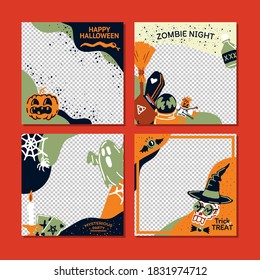 Happy Halloween mysterious party promo sale social media banner template set with magic elements. Pumpkin, potion, candle, Ghost, skull, magic hat. Poster, banner, special offer with transparent part