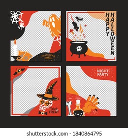 Happy Halloween Mysterious Social Media banner with Copy space template set with magic elements. Pumpkin, potion, candle, Ghost, skull, magic hat. Poster, banner, special offer with empty part