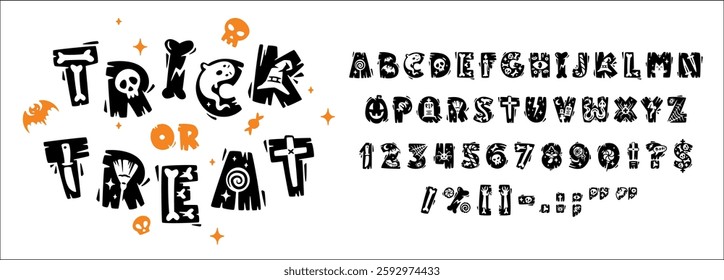 Happy Halloween mystery font, vintage scary type, creepy typeface, horror English alphabet. Spooky Halloween trick-or-treat abc letters, special symbols and numbers in vintage, creepy, playful style