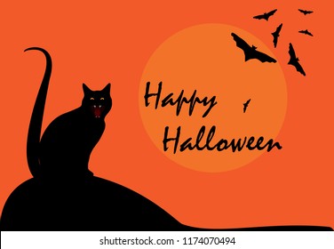 Happy Halloween mystery night greeting card. Spooky night wallpaper with black cat and flying bats silhouette on full moon, october drawing invitation, vector eps 10