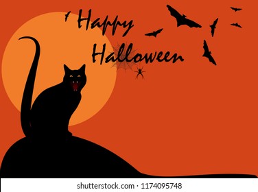 Happy Halloween mystery night greeting card. Spooky night wallpaper with black cat, flying bats and spider hanging on web silhouette on full moon, autumn mystery landscape, vector eps 10