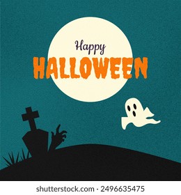 Happy Halloween.  A mystical background with a ghost and a zombie.  The texture is grunge.  Vector illustration.