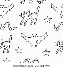 Happy halloween, mystical magic. cat, snake, bat. Template for Notebook covers, pattern for wallpapers, textile. Doodle vector arts. Childish naive illustrations