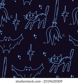 Happy halloween, mystical magic. cat, bat and broom. Template for Notebook covers, pattern for wallpapers, textile. Doodle vector arts. Childish naive illustrations