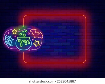 Happy Halloween neon advertising. Sale and party. Empty red frame and text with witch cauldron. October scary event. Dead holiday. Light banner. Copy space. Vector stock illustration