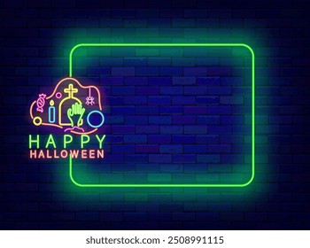 Happy Halloween neon announcement for sale and party. Empty green frame and text with cemetery. October scary event. Dead holiday. Light advertising. Copy space. Vector stock illustration