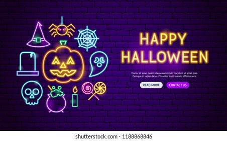 Happy Halloween Neon Banner Design. Vector Illustration of Scary Holiday Promotion.