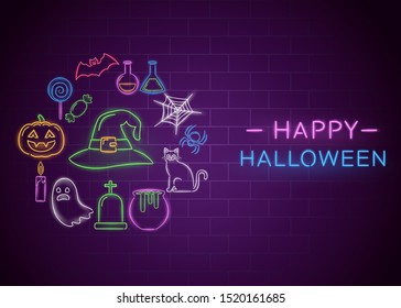 Happy Halloween Neon Banner. Vector Illustration