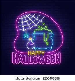 Happy  halloween neon. Boiling poisonous potion, cauldron, flask, spider and cobweb. Bright signboard. Logo, emblem, banner. Halloween party Postcard.Vector illustration