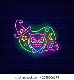 Happy Halloween neon concept. Owl and witch hat. Night bright signboard. Outer glowing effect banner. Editable stroke. Isolated vector stock illustration