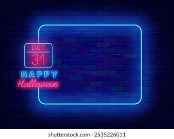 Happy Halloween neon flyer. October event greeting card. Empty blue frame and typography. Vector stock illustration