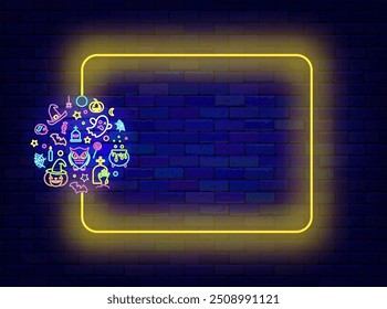 Happy Halloween neon flyer. Sale and party promotion. Empty yellow frame and circle layout with scary icons. October holiday. Light poster. Copy space. Vector stock illustration