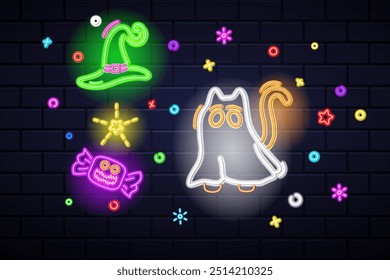 Feliz Halloween. Gato fantasma de neón, sombrero de bruja y monstruo de caramelo. Estrella brillante y decoración Pequeña . Ilustración vectorial sobre fondo de pared de ladrillo