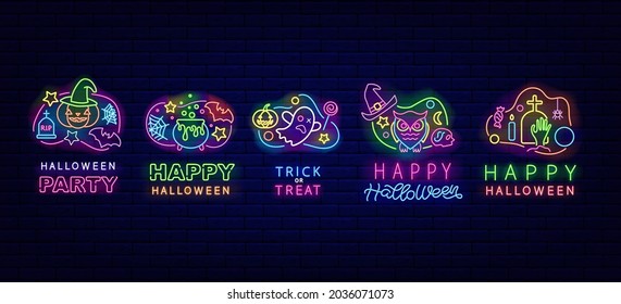 Happy Halloween neon icon collection. Night bright signboard. Outer glowing effect banner. Holiday october poster and promotion. Trick or treat. Editable stroke. Isolated vector stock illustration