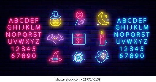 Happy Halloween neon icons collection. Pumpkin, ghost and moon. Trick or treat concept. Season october holiday. Shiny blue and pink alphabet.. Glowing effect poster on brick wall. Vector illustration