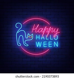 Happy Halloween neon label on brick wall. Blue witch cat in circle frame. Scary holiday emblem. October greeting card design. Season october event. Shiny signboard. Vector stock illustration