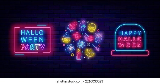 Happy Halloween neon labels collection. Circle layout with icons. Halloween party signboard. Light greeting cards set. Season october event. Shiny signboards pack. Vector stock illustration