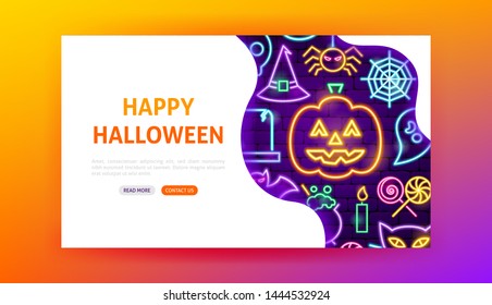 Happy Halloween Neon Landing Page. Vector Illustration of Holiday Promotion.
