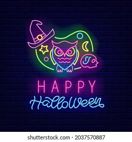 Happy Halloween neon lettering flyer. Owl and witch hat. Night bright signboard. Outer glowing effect banner. Editable stroke. Isolated vector stock illustration