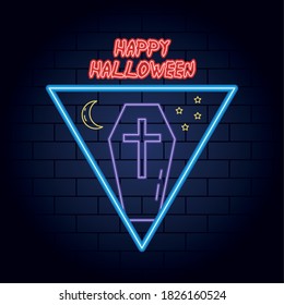 happy halloween neon light of coffin and moon vector illustration design