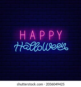 Happy Halloween neon neon light lettering. Night bright signboard. Outer glowing effect banne for bar and club. Editable stroke. Isolated vector stock illustration