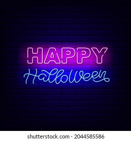 Happy Halloween neon neon light lettering. Night bright signboard. Outer glowing effect banner for bar and club. Editable stroke. Isolated vector stock illustration