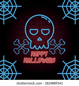happy halloween neon light of skull head vector illustration design