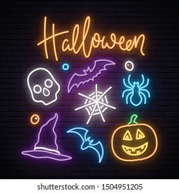 Happy Halloween neon sign board. Collection of Halloween symbols in neon style. Vector icon set.