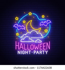 Happy Halloween neon sign, bright signboard, light banner. Halloween greeting card. Night sky, moon and bat logo, emblem. Vector illustration