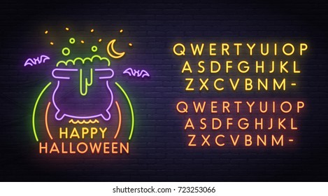 Happy Halloween neon sign, bright signboard, light banner. Halloween party logo, emblem. Neon sign creator. Neon text edit