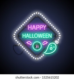 Happy Halloween neon sign with the date of October 31. Colorful greeting card. Vector poster illustration for your holiday projects in retro style.