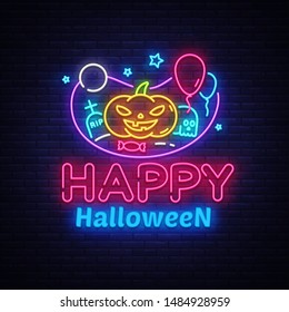 Happy Halloween neon sign design template. Halloween neon icon, light banner design element colorful modern design trend, night bright advertising, bright sign. Vector illustration