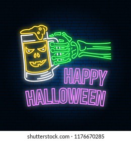 Happy Halloween neon sign or emblem. Vector illustration. Happy Halloween light banner with Skeleton hand with glass of magic beer. Night bright advertisement. Neon template for banner, poster, card