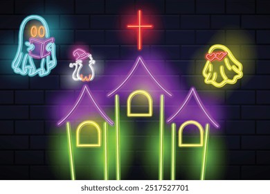 Happy halloween neon signboard. Castle, , ghost in party, ghost reading book and cat neon signs.  Night bright neon sign, colorful billboard, light banner. Vector