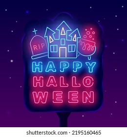 Happy Halloween neon street billboard. Light advertising. Witch castle, gravestone and potion. October greeting card. Season october event. Shiny signboard. Vector stock illustration