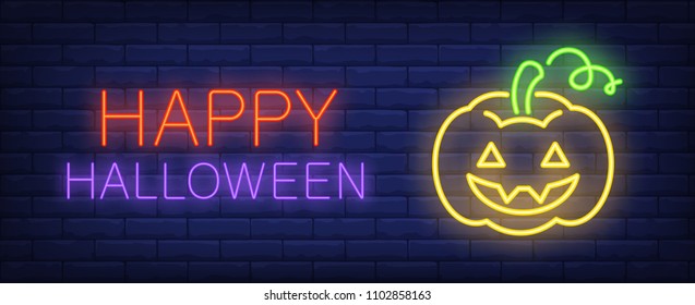 Feliz pancarta al estilo neón de Halloween con Jack o linterna en una pared de ladrillo. Brillante letrero de neón en la pared. Se puede usar para invitación, afiche, tarjeta de felicitación