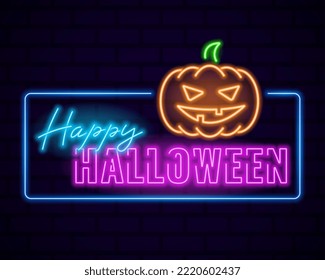 Happy Halloween neon template, glowing banner, orange pumpkin