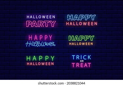 Happy Halloween neon text collection. Halloween party. Trick or treat. Holiday greeting card. Night bright signboard. Outer glowing effect banner. Editable stroke. Isolated vector stock illustration