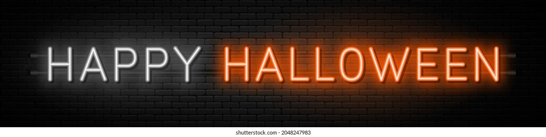 Happy Halloween neon text. Happy Halloween neon lettering sign. Glowing text for Halloween greeting cards, posters, banners, flyers and invitations. Vector