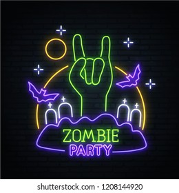 Happy halloween. Neon. Zombie party. Halloween card. Neon logo, label. emblem. bright sign, zombie hand. Bat. Vector illustration