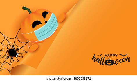 Happy Halloween new normal concept. Design with halloween pumpkin in a protective medical mask and spider on orange background. vector.