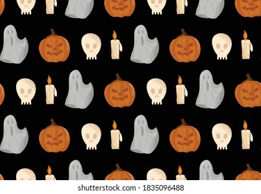 Happy Halloween. Nice vector black seamless pattern with pumpkin, candle, ghost, skull. Cute pattern in cartoon style for textiles, brochures, stories, applications. Background with halloween symbols.